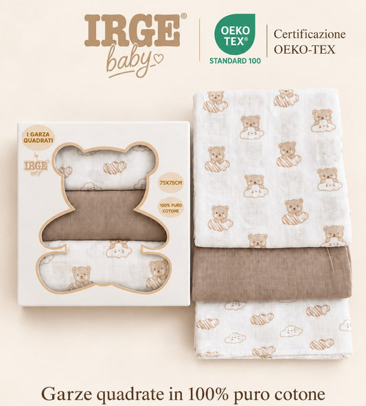Set 3 Quadrati / Mussole in Garza 100% Cotone IRGE Baby – Art. IR500