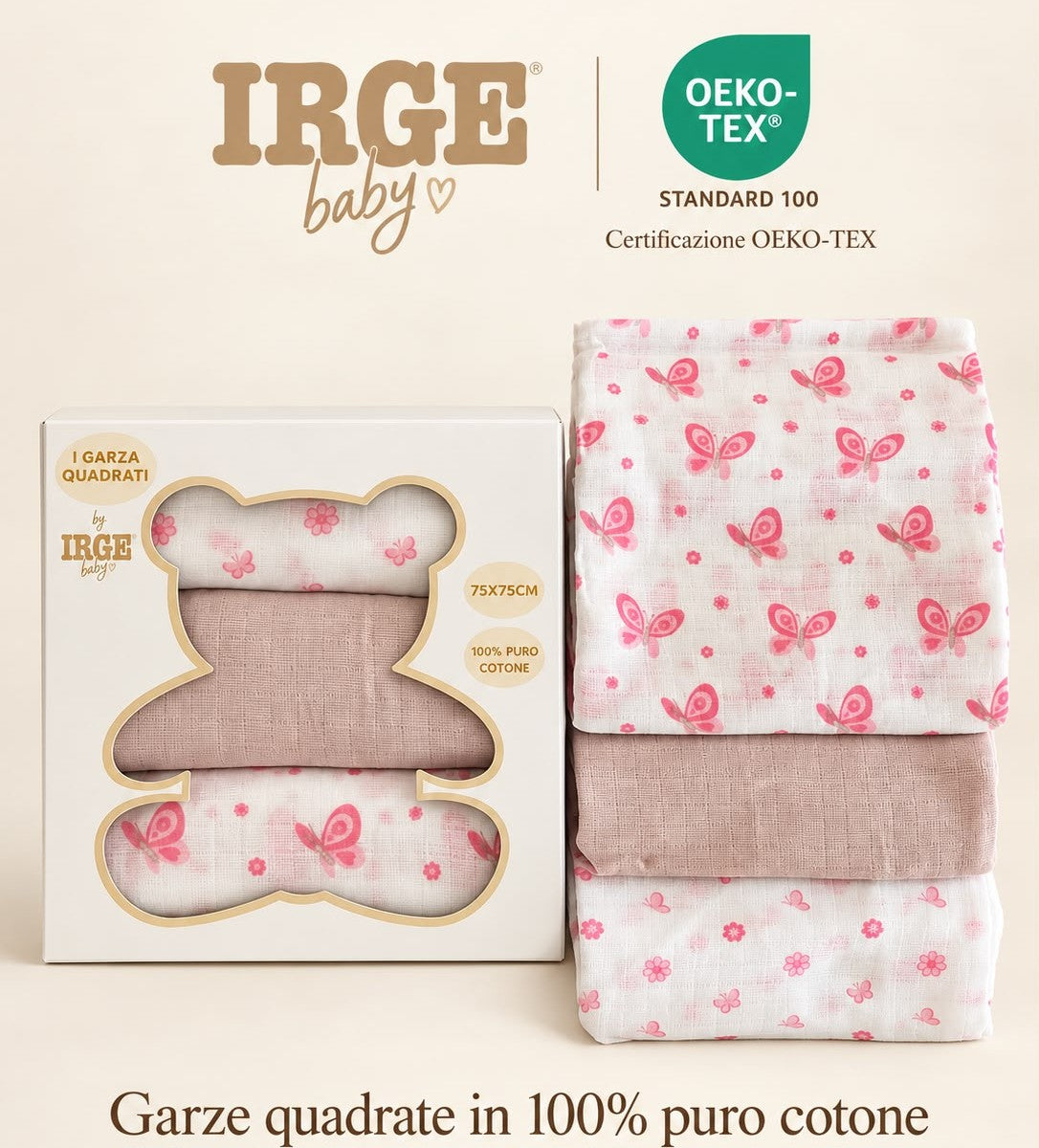 Set 3 Quadrati / Mussole in Garza 100% Cotone IRGE Baby – Art. IR500