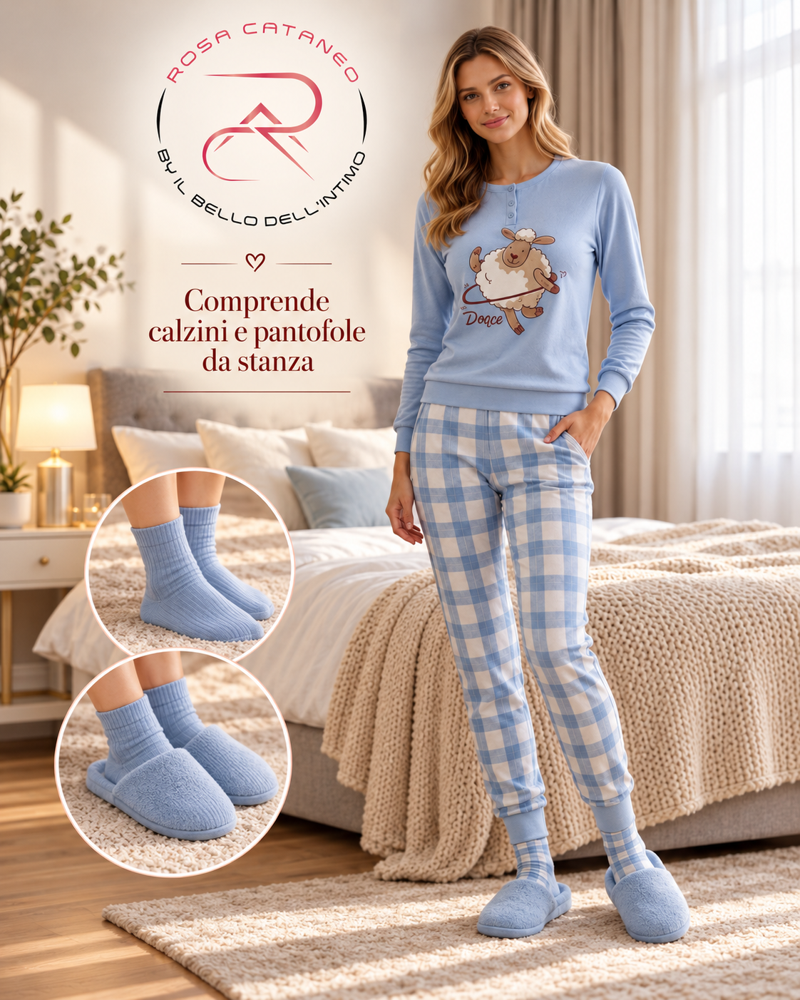 Pigiama Donna Reliable Ragusa in Caldo Cotone con Calzini e Pantofole