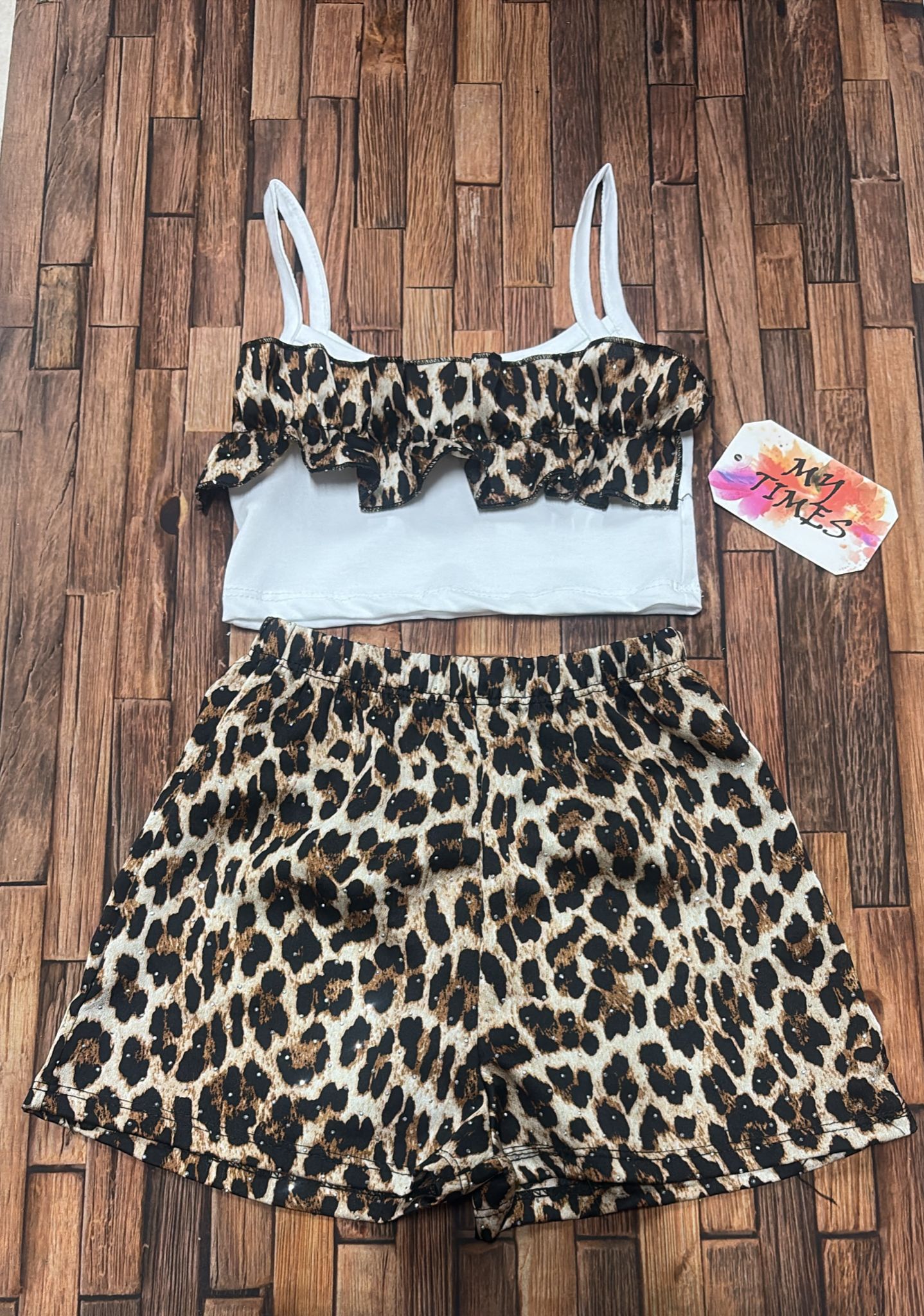 Completo Bambina Estivo Maculato 2 Pezzi con Top a Balze e Shorts Made in Italy