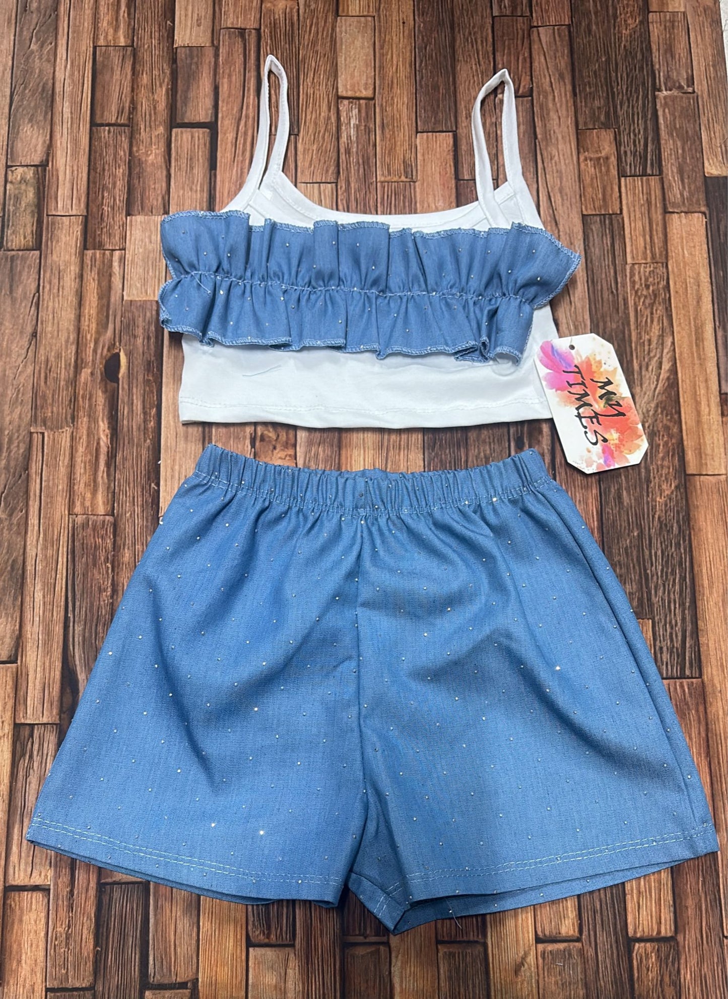 Completo Bambina Estivo Denim 2 Pezzi con Top a Balze e Shorts Made in Italy