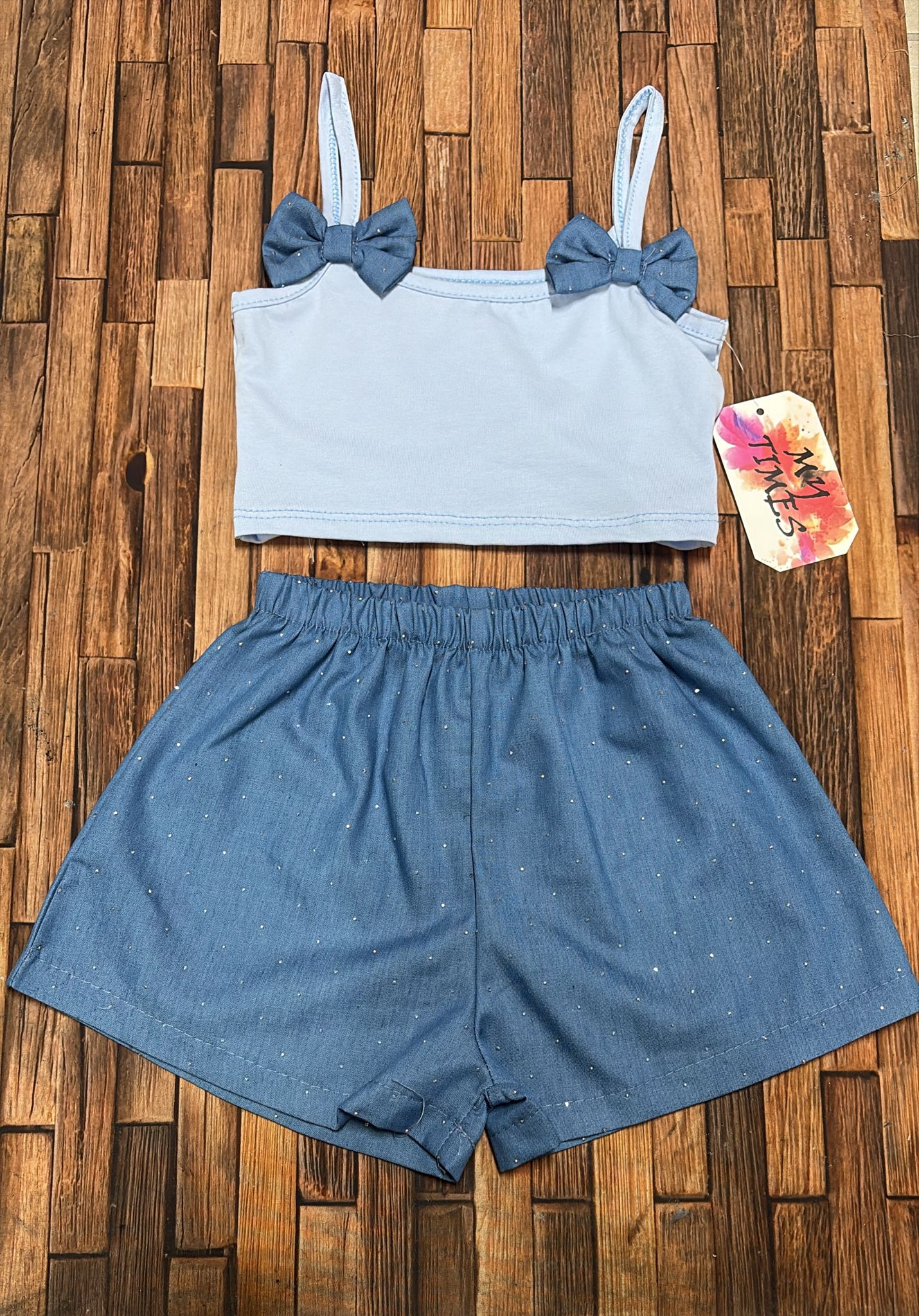 Completo Bimba Top con Fiocchi e Pantaloncini Denim | Rosa e Cielo Made in Italy