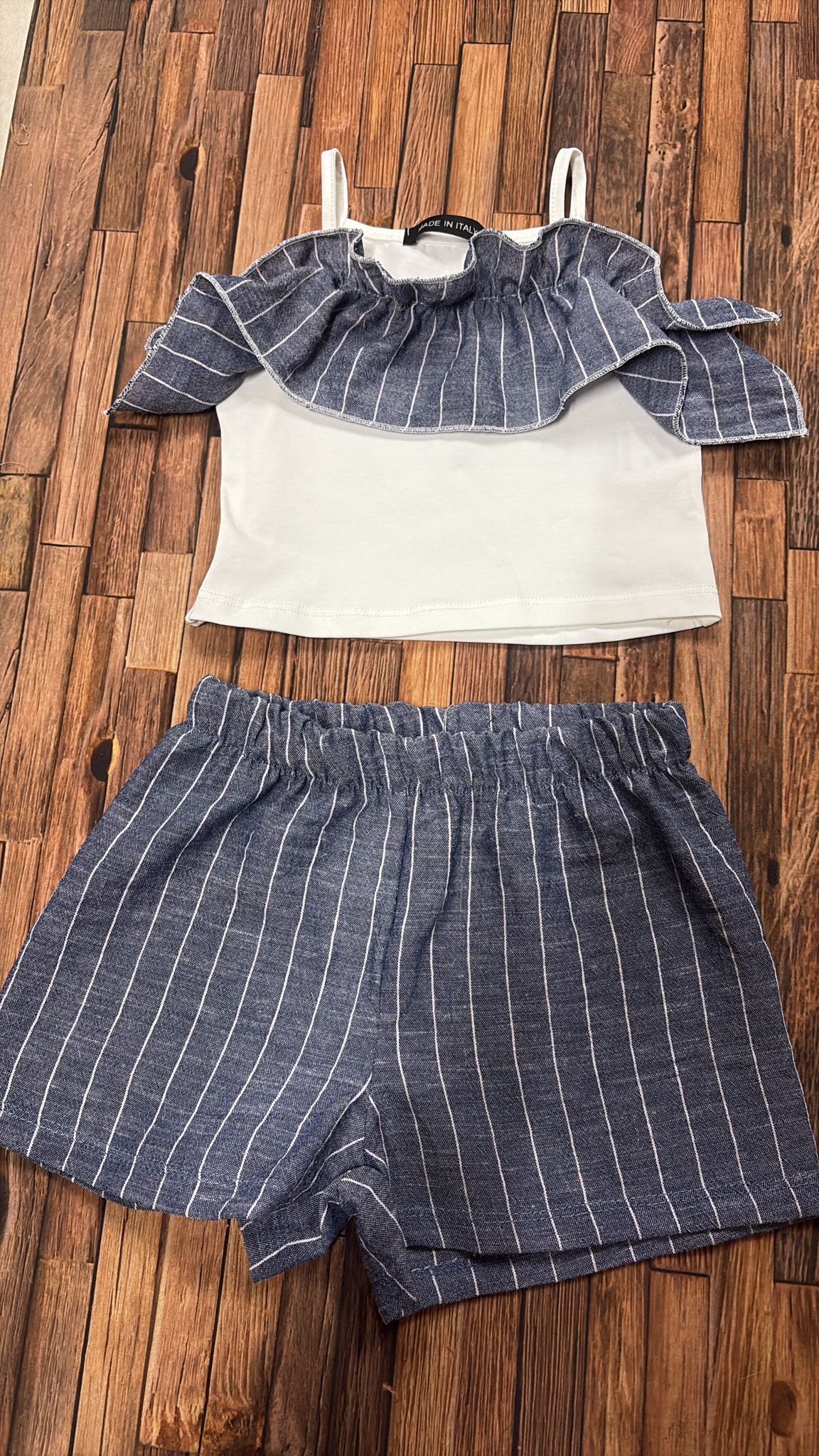 Completo Bimba Top con Volant e Pantaloncini Righe Jeans | Made in Italy