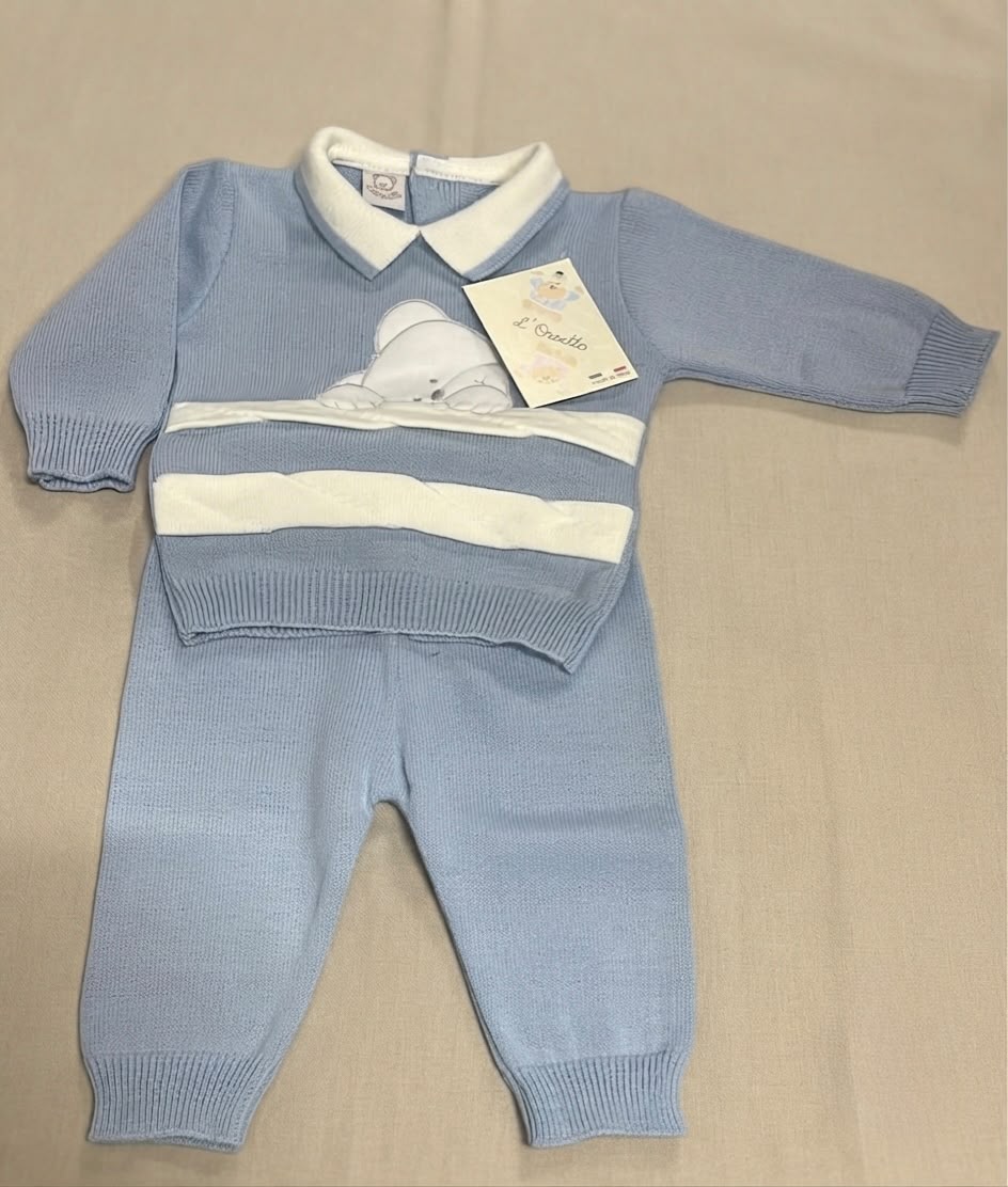 Completino Neonato Modello Lana “L’Orsetto” – Cielo ed Ecrù