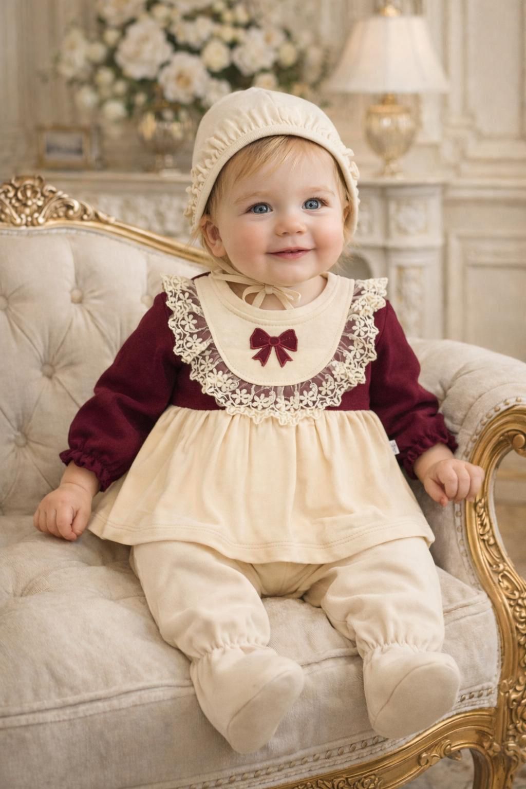 Completo neonata elegante in cotone con dettagli raffinati – Rosa Cataneo