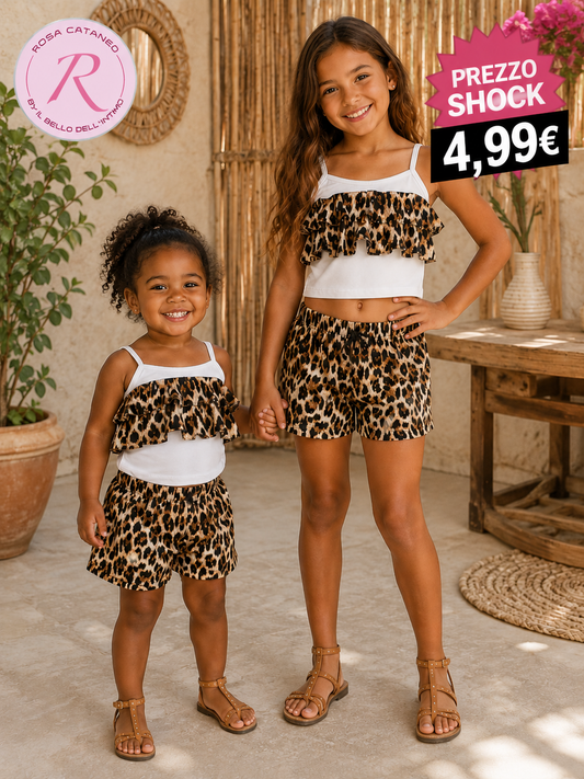 Completo Bambina Estivo Maculato 2 Pezzi con Top a Balze e Shorts Made in Italy