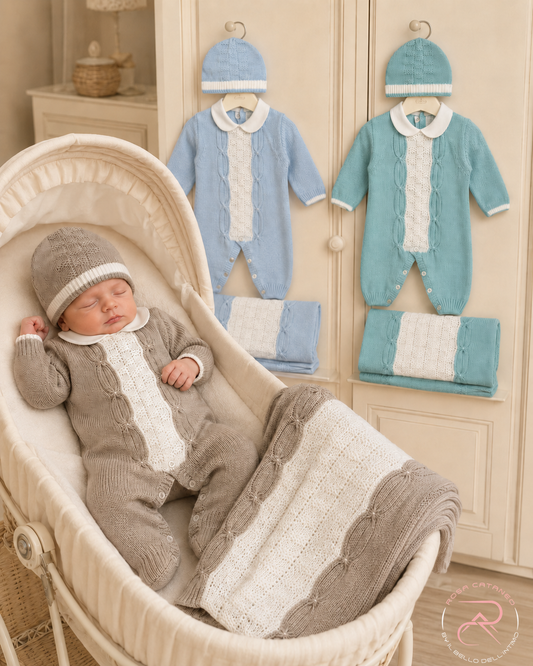 Set 3 Pezzi Neonato Nazareno Gabrielli NG-3488 Tutina Coperta e Cappellino 100% Acrilico