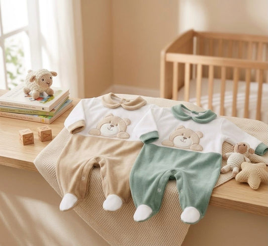 Tutina Neonato in Ciniglia con Orsetto Art. 30 510 – Panna/Biscotto e Panna/Verde
