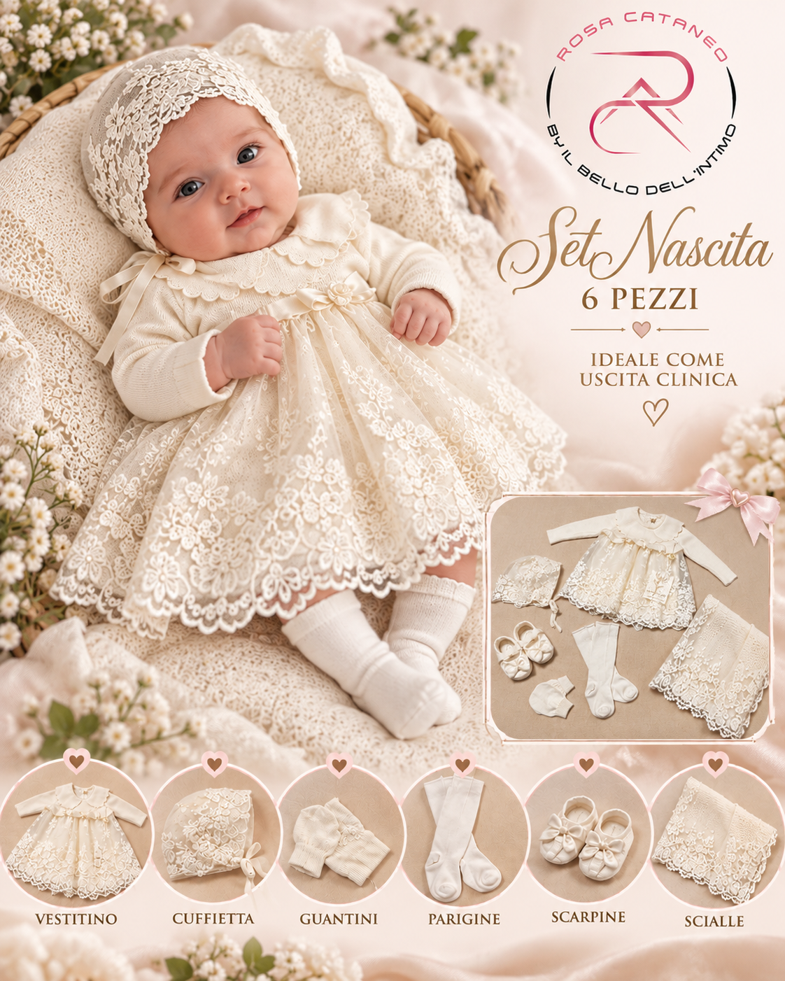 Set Nascita Neonata 6 Pezzi con Abitino in Pizzo e Scialle – Art. 8398