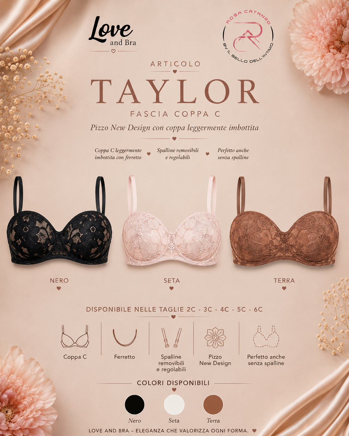 Taylor | Reggiseno Fascia Coppa C in Pizzo con Spalline Removibili Love and Bra