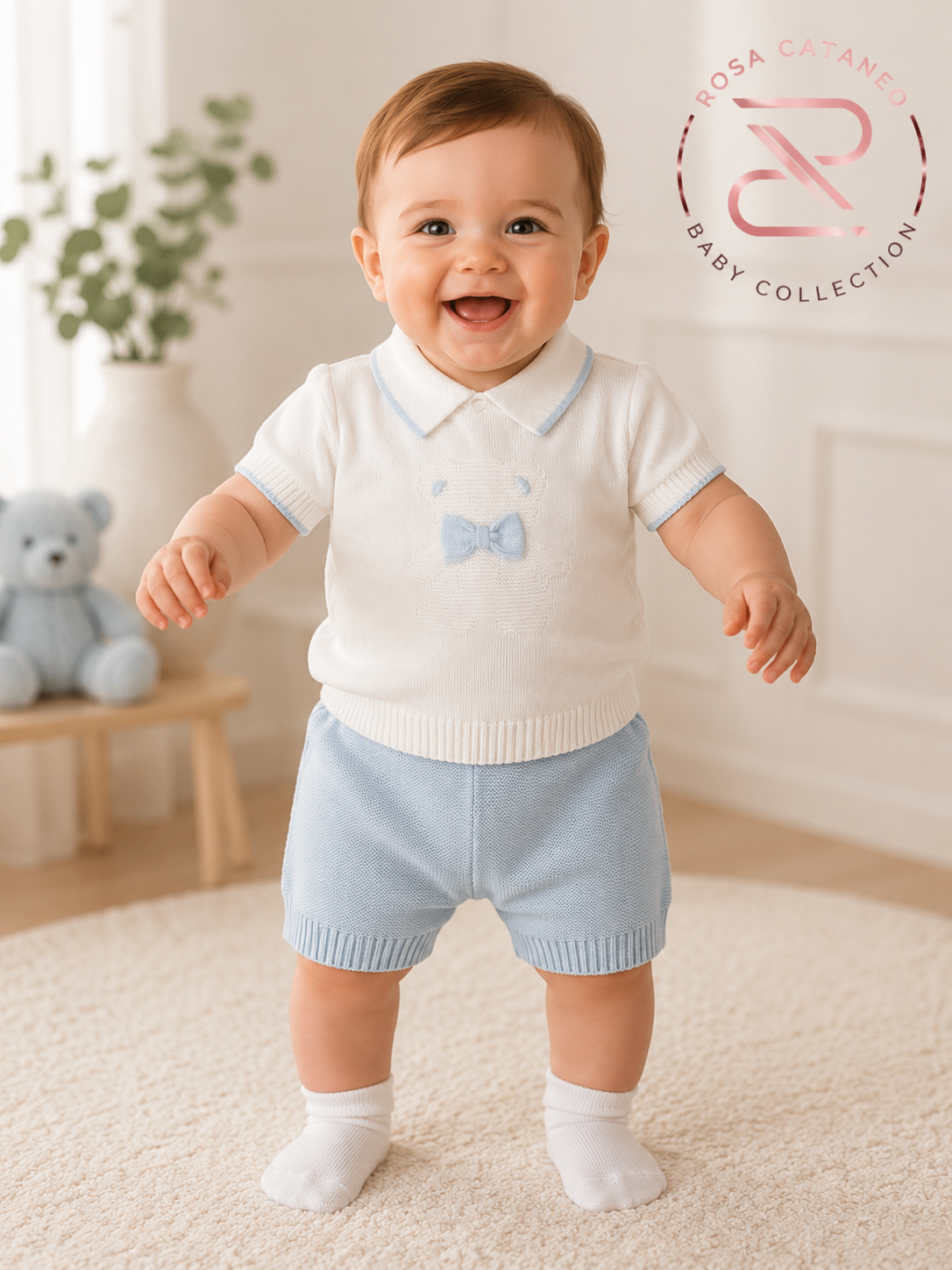 Completino Neonato in Filo 100% Cotone Bianco e Cielo – Art. NEO-512