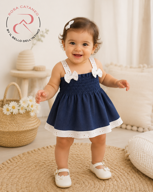Vestitino Neonata Jeans con Fiocchi e Sangallo | Made in Italy