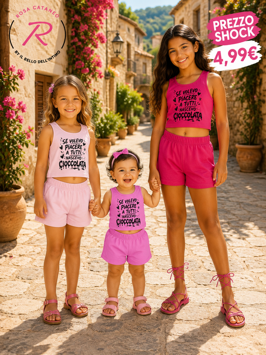 Completo Bambina e Neonata “Se Volevo Piacere a Tutti Nascevo Cioccolata” Rosa Estivo Made in Italy