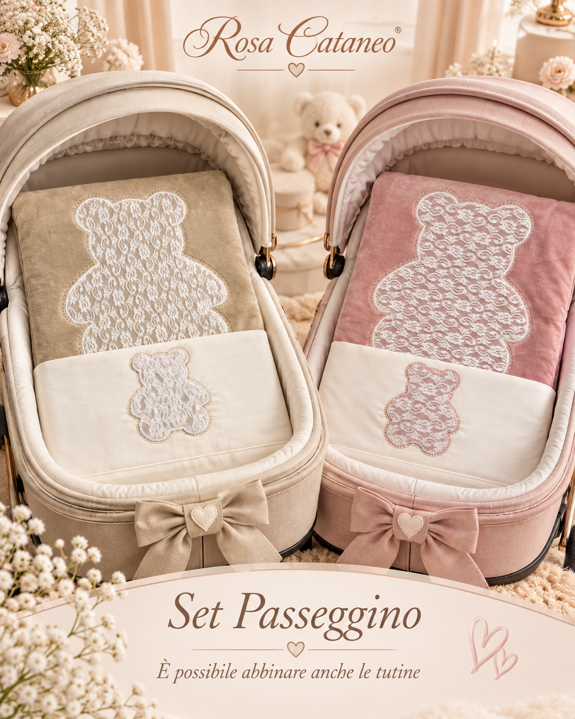 Kit Carrozzina Tenerotti in Ciniglia con Orsetto in Pizzo – Art. 35 109