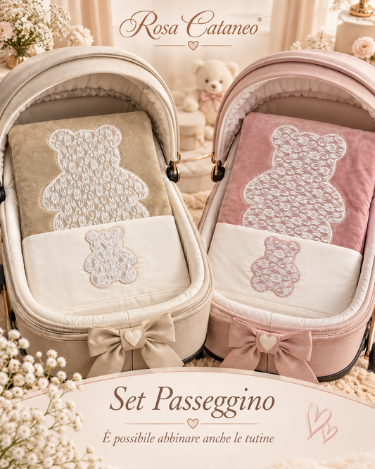 Kit Carrozzina Tenerotti in Ciniglia con Orsetto in Pizzo – Art. 35 109