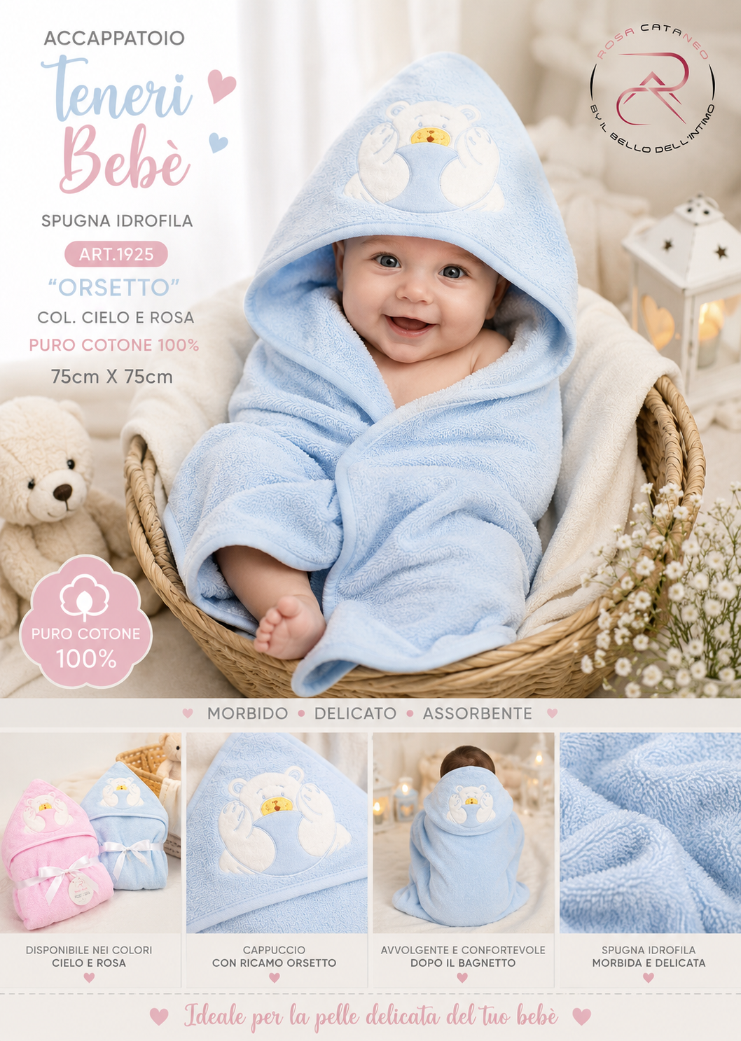 TENERI BEBÈ | Accappatoio Neonata con Cappuccio in Spugna Idrofila 100% Cotone