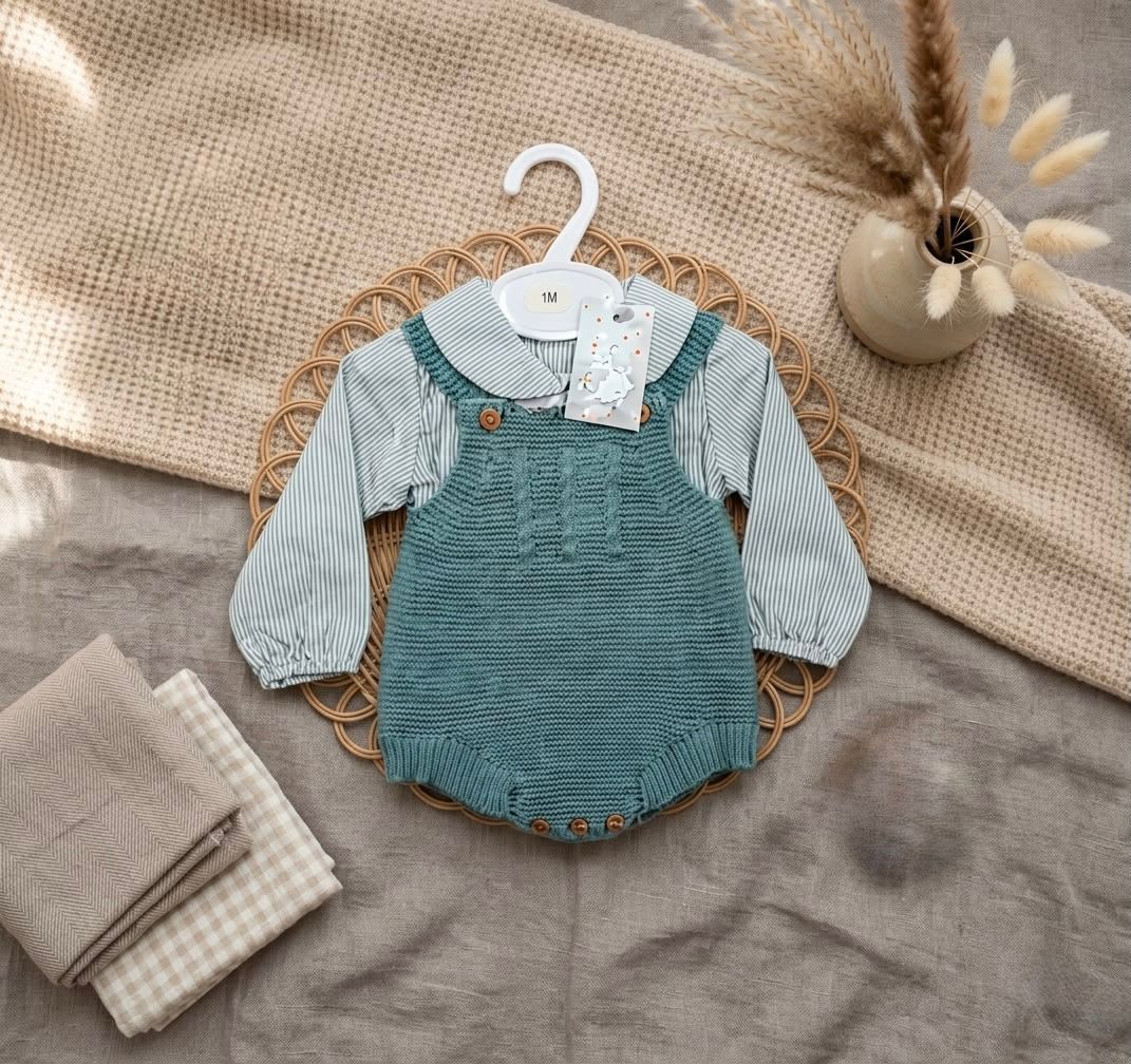 Pagliaccetto Neonato in Maglia con Camicina Nazareno Gabrielli Ref. 595/1 Avion, Tortora e Verde