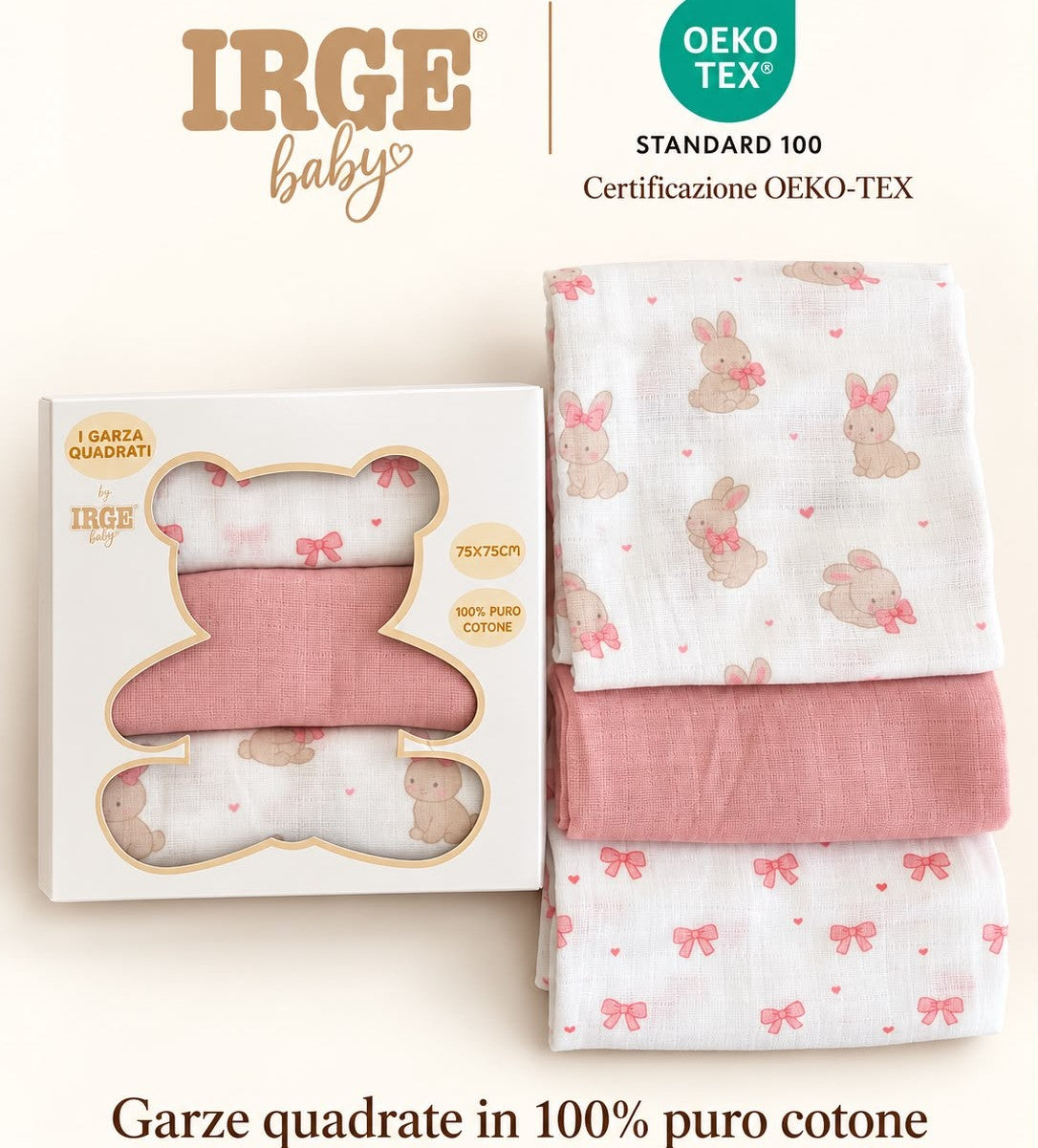 Set 3 Quadrati / Mussole in Garza 100% Cotone IRGE Baby – Art. IR500