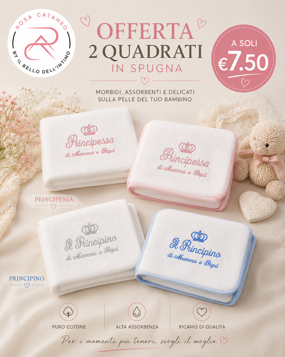 Coppia Quadrati Neonato in Spugna Ricamati Puro Cotone Art.1516