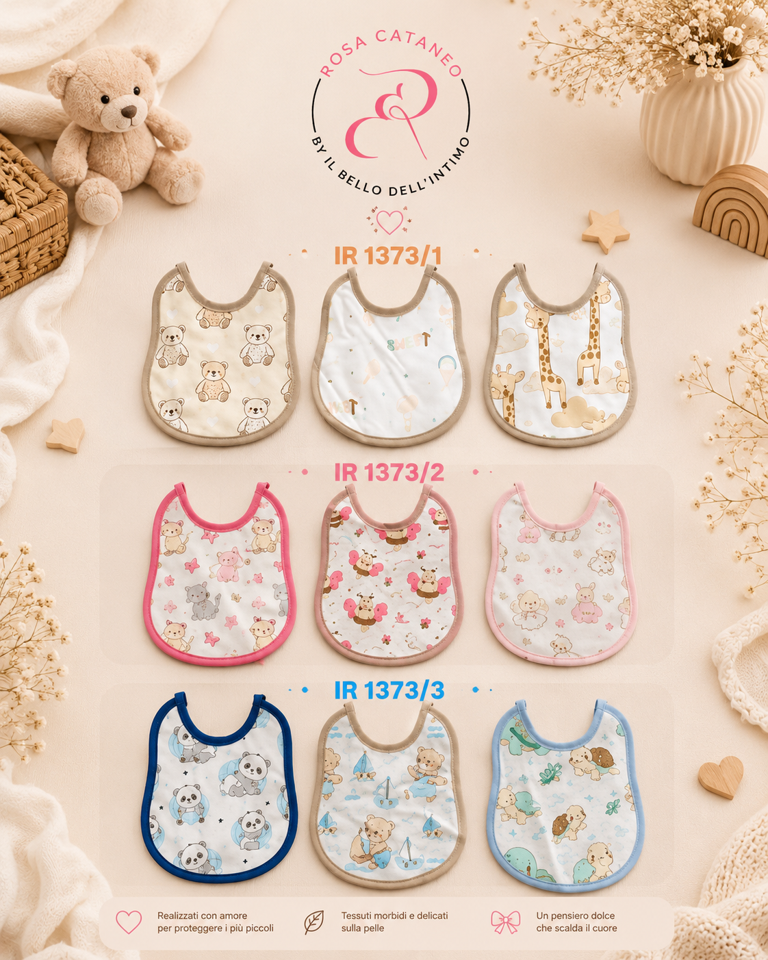 Set 6 Bavette Neonato Cotone Fantasia 15x17 cm con Laccetti