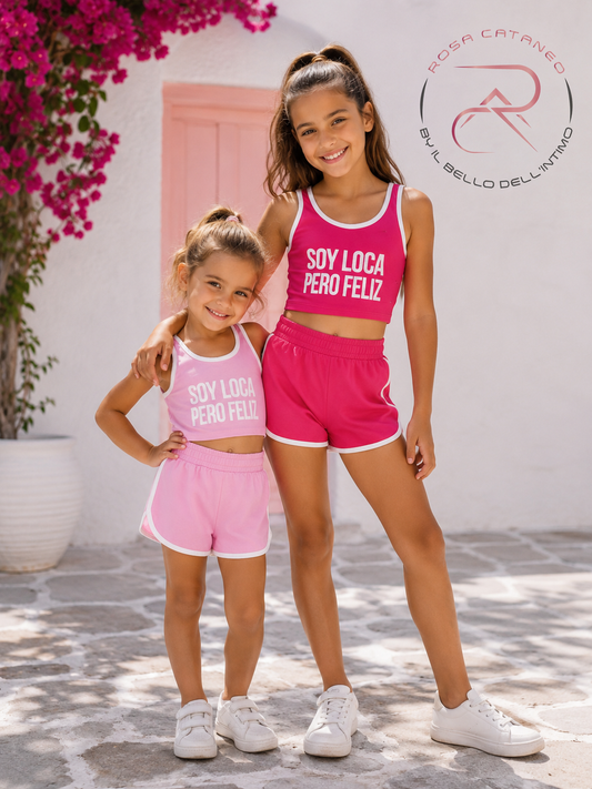 Completo Bimba "Soy Loca Pero Feliz" in Cotone Made in Italy | Fucsia e Rosa