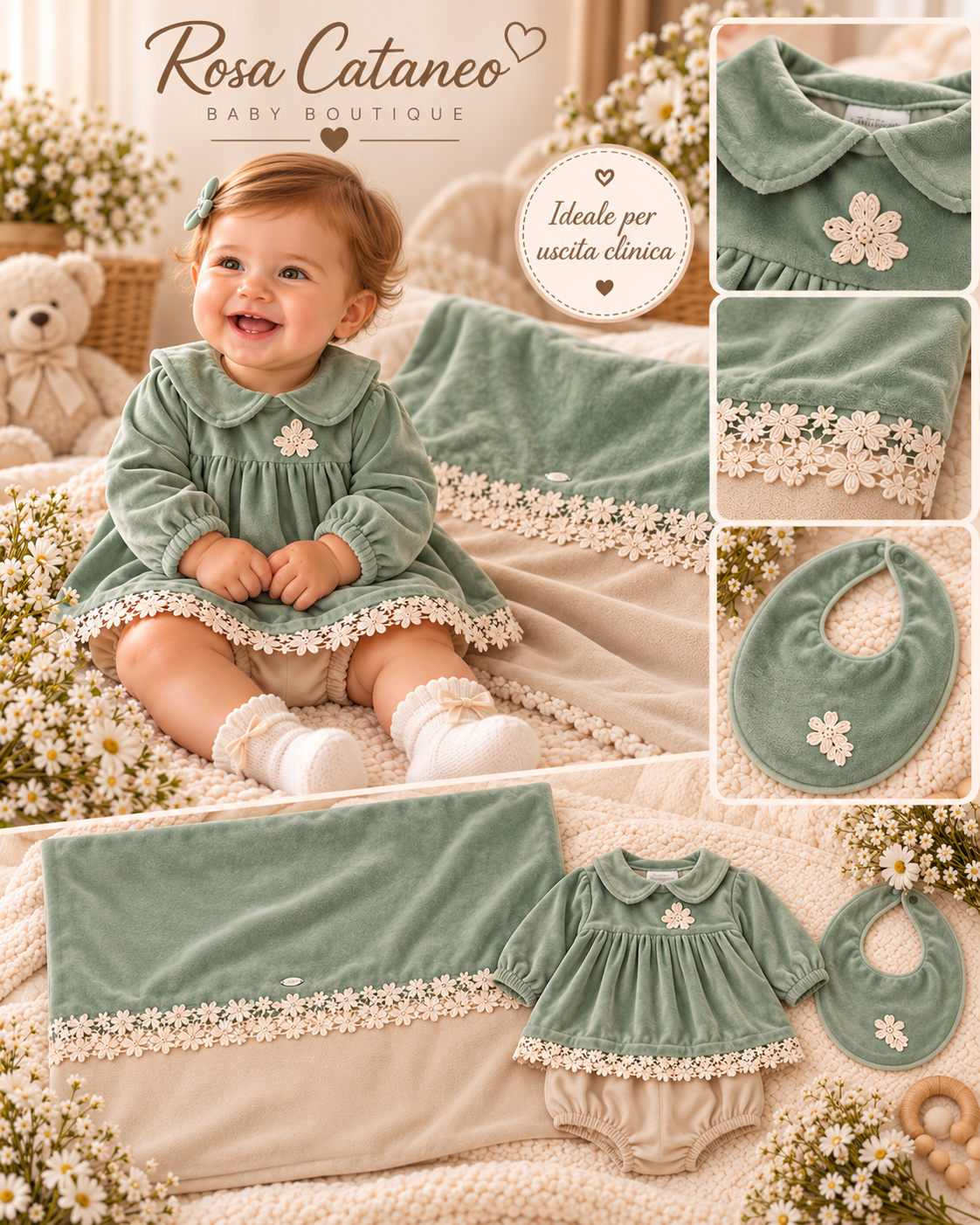 Set Nascita Neonata Hophoplà Margaret in Ciniglia – Vestitino, Culotte, Bavetta e Copertina