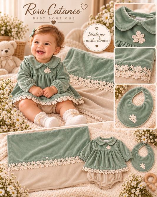 Set Nascita Neonata Hophoplà Margaret in Ciniglia – Vestitino, Culotte, Bavetta e Copertina