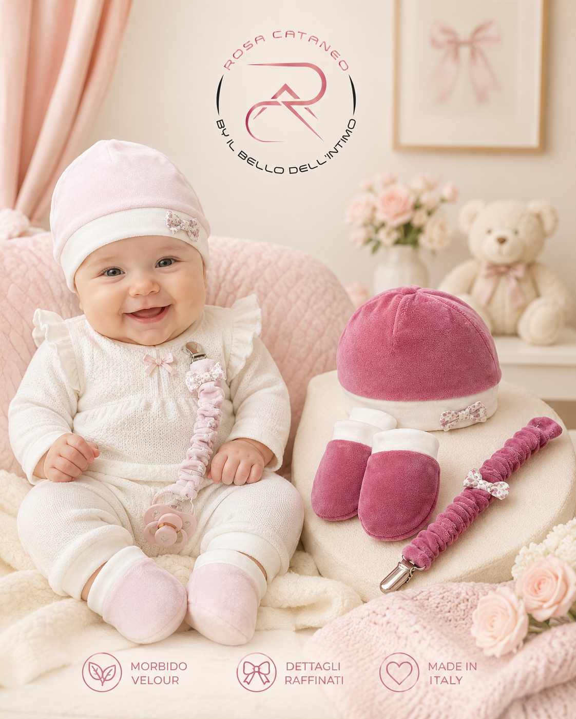 Set 3 Pezzi Neonato Nazareno Gabrielli in Ciniglia – Cappellino, Muffolette e Portaciuccio