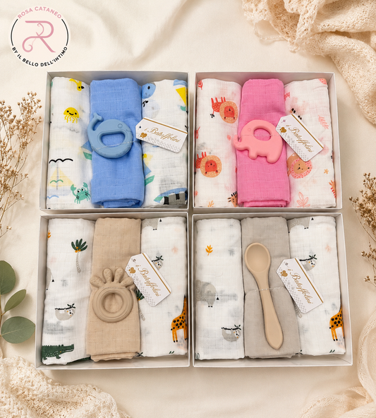 Set Mussole Neonato 3 Pezzi in Garza di Cotone con Gadget Silicone | I Batuffolini B552