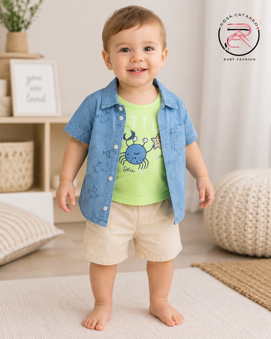 Completo Neonato 3 Pezzi Estivo Jeans e Beige – Art. NEO-606