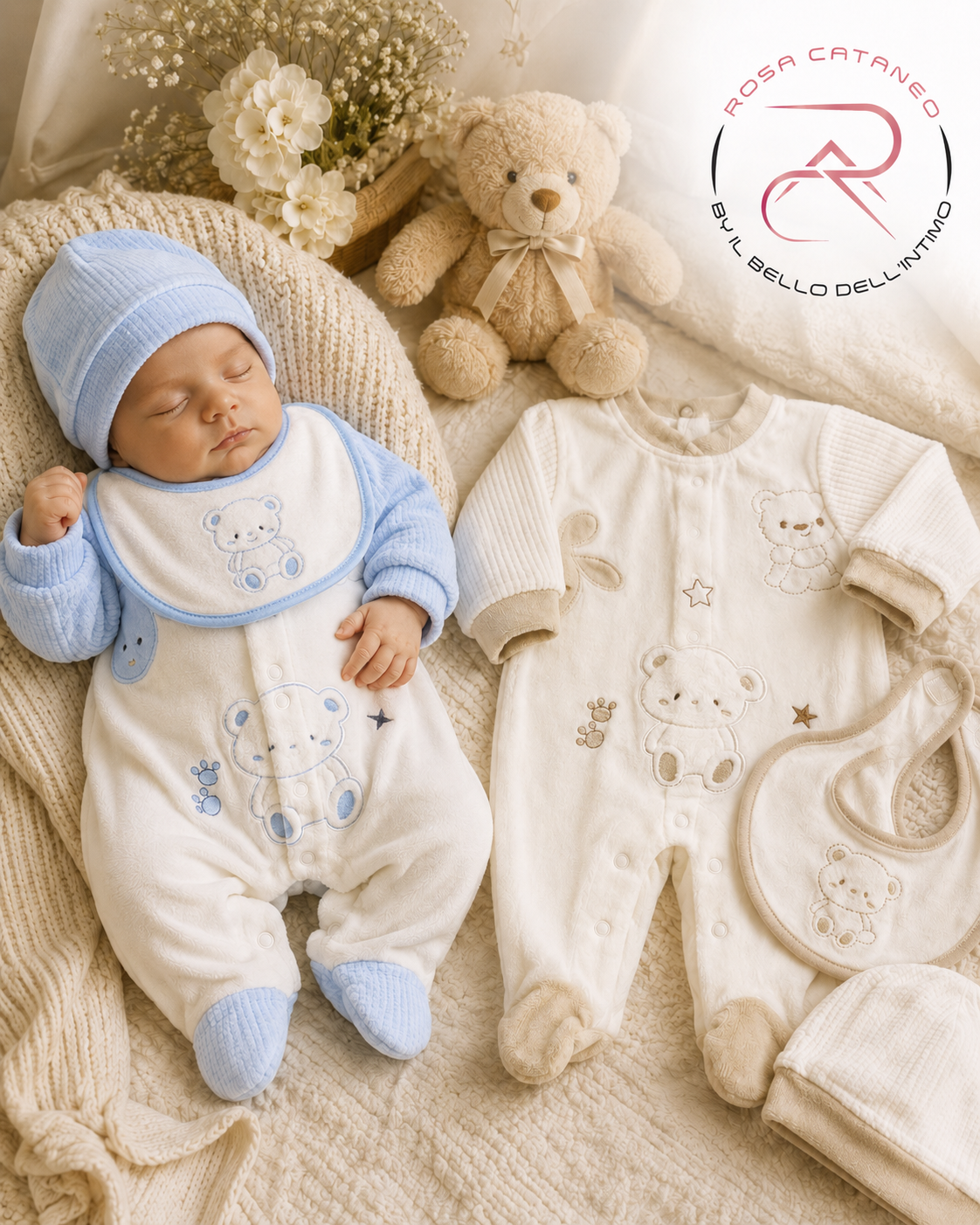 Tutina in Ciniglia Neonato con Bavetta e Cappellino