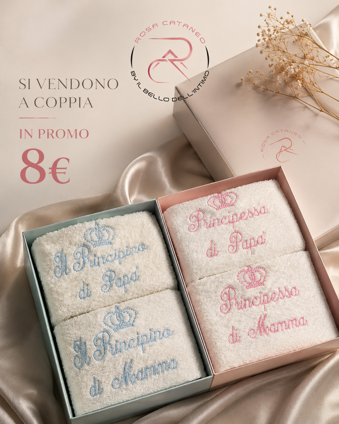 Coppia Asciugamani Neonato Ricamati in Spugna Puro Cotone Art.1517