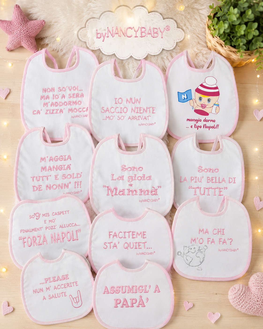 Bavetto Neonato Divertente Napoletano in Cotone – Bavaglino con Frasi Simpatiche Rosa Baby