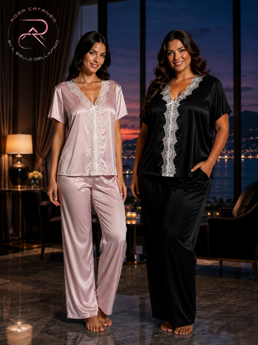 Pigiama Donna in Raso Elegante con Pizzo e Pantalone Lungo – DM-7023