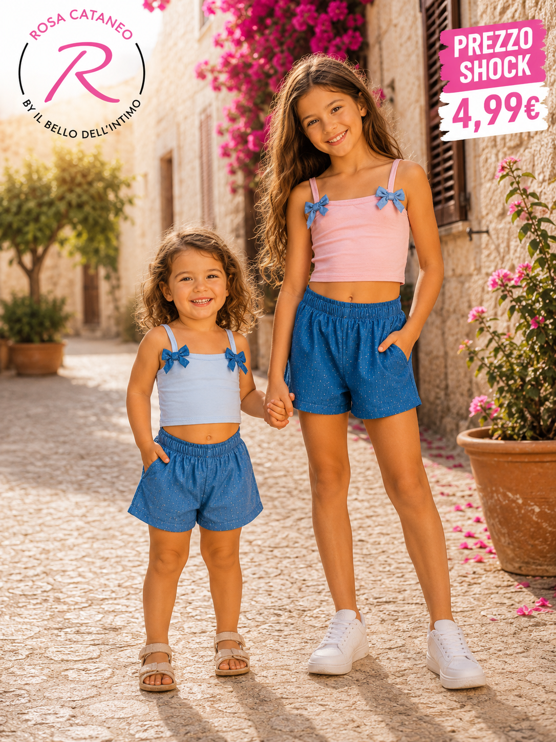Completo Bimba Top con Fiocchi e Pantaloncini Denim | Rosa e Cielo Made in Italy
