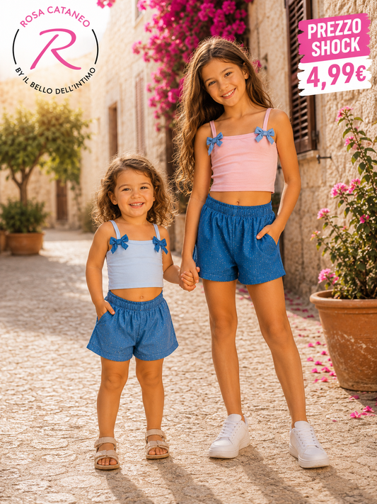 Completo Bimba Top con Fiocchi e Pantaloncini Denim | Rosa e Cielo Made in Italy