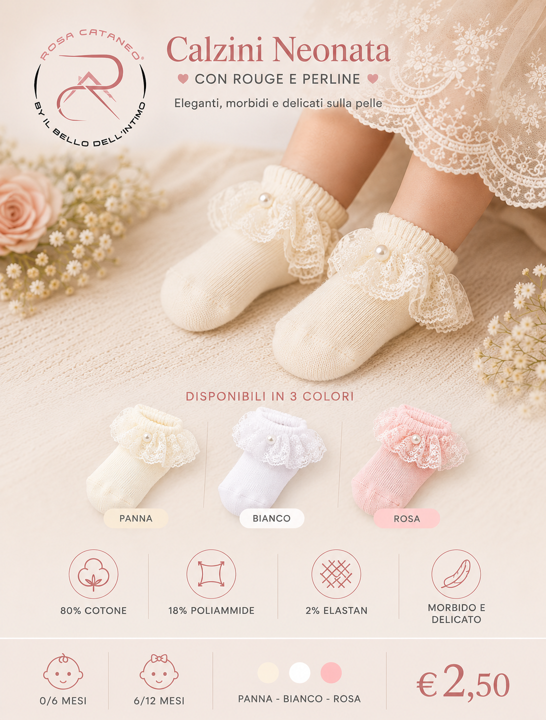Calzini Neonata con Rouge e Perline in Cotone Kata – Panna, Bianco e Rosa
