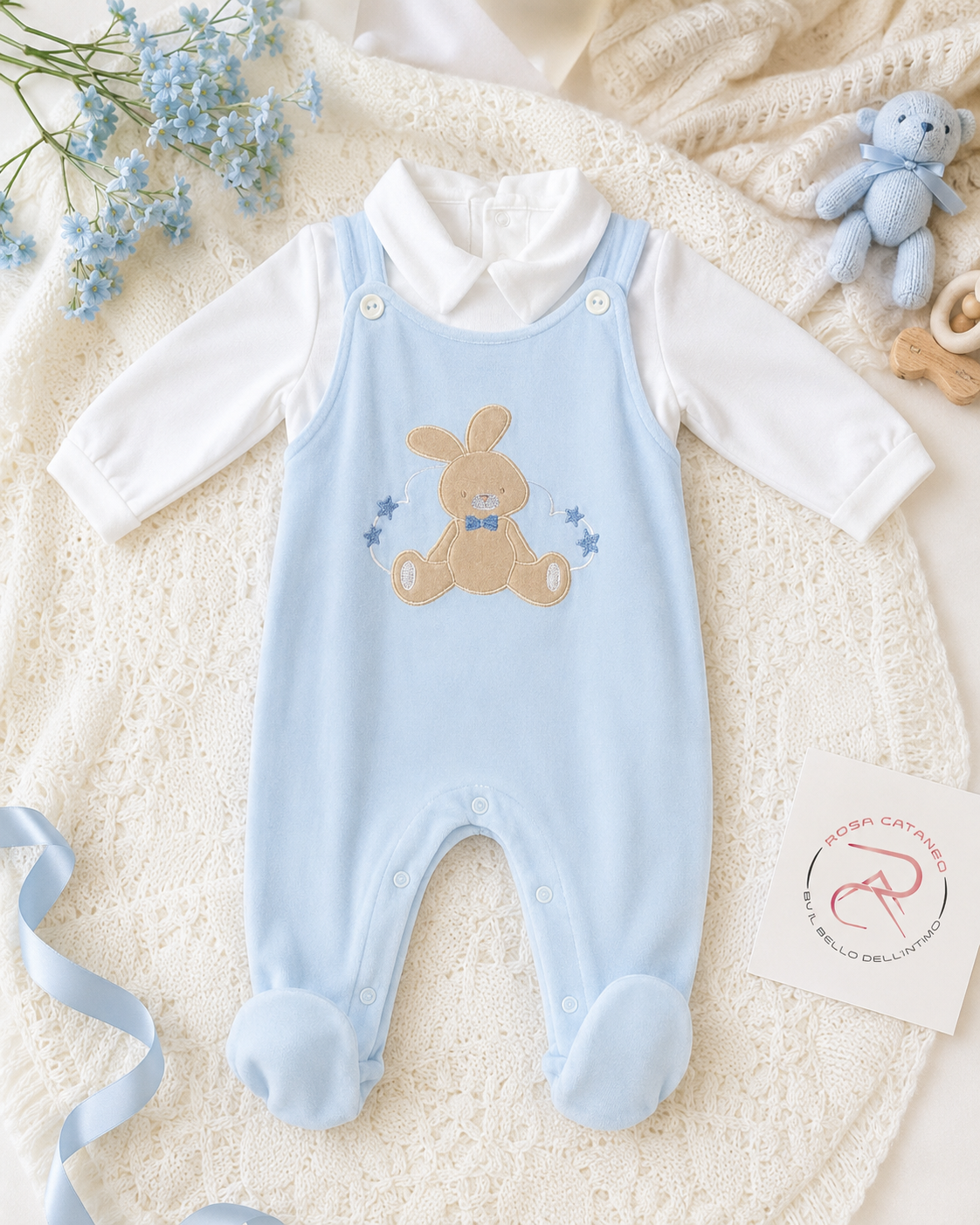Salopette Neonato in Ciniglia con Maglia – Les Jolies Coniglietto Azzurro