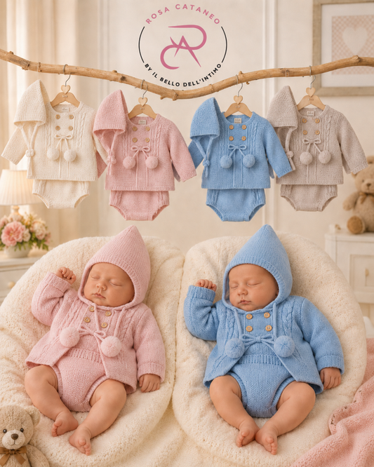 Completo Neonato in Maglia con Cappellino Mod. Lana Ref. 350