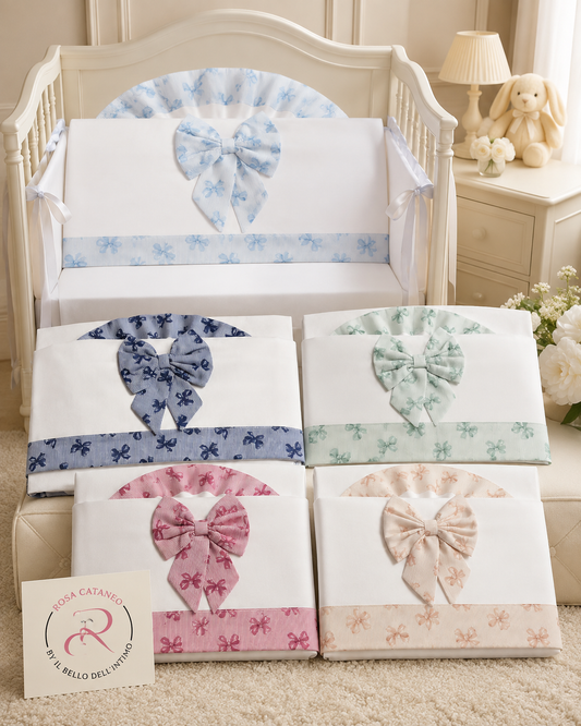 Completo Lenzuola Lettino 3 Pezzi 100% Cotone con Fiocchi – Ornella Art. LL018-104F