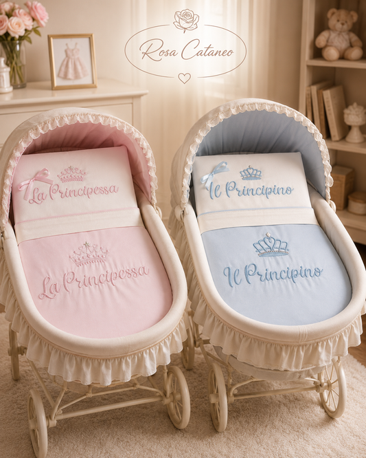 SET Coordinato Culla 5 Pezzi Ricamato Principino e Principessa – Art. NG-3002