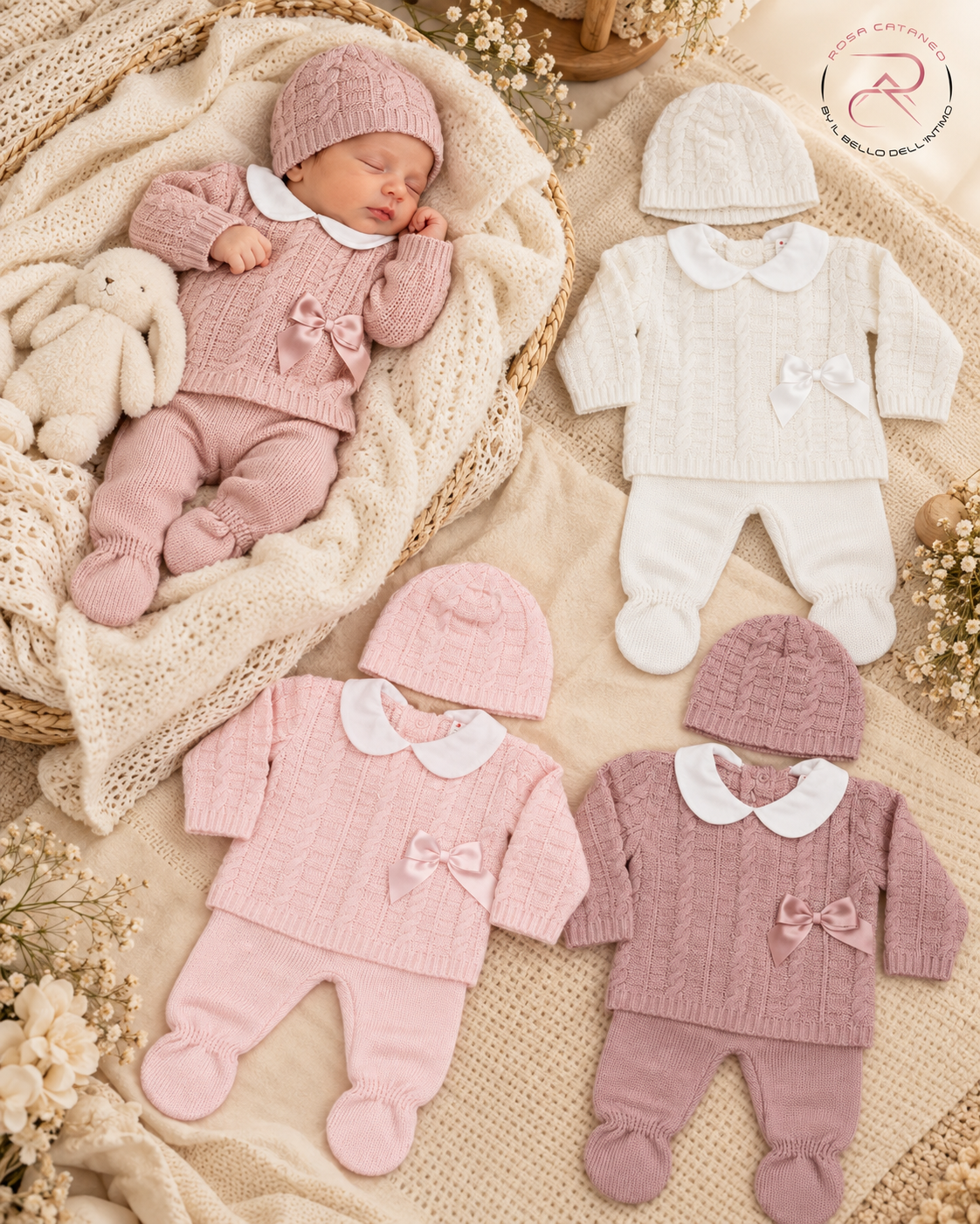 Completo Nascita Neonata 3 Pezzi in Maglia – Fruit de ma Passion Art. 1554