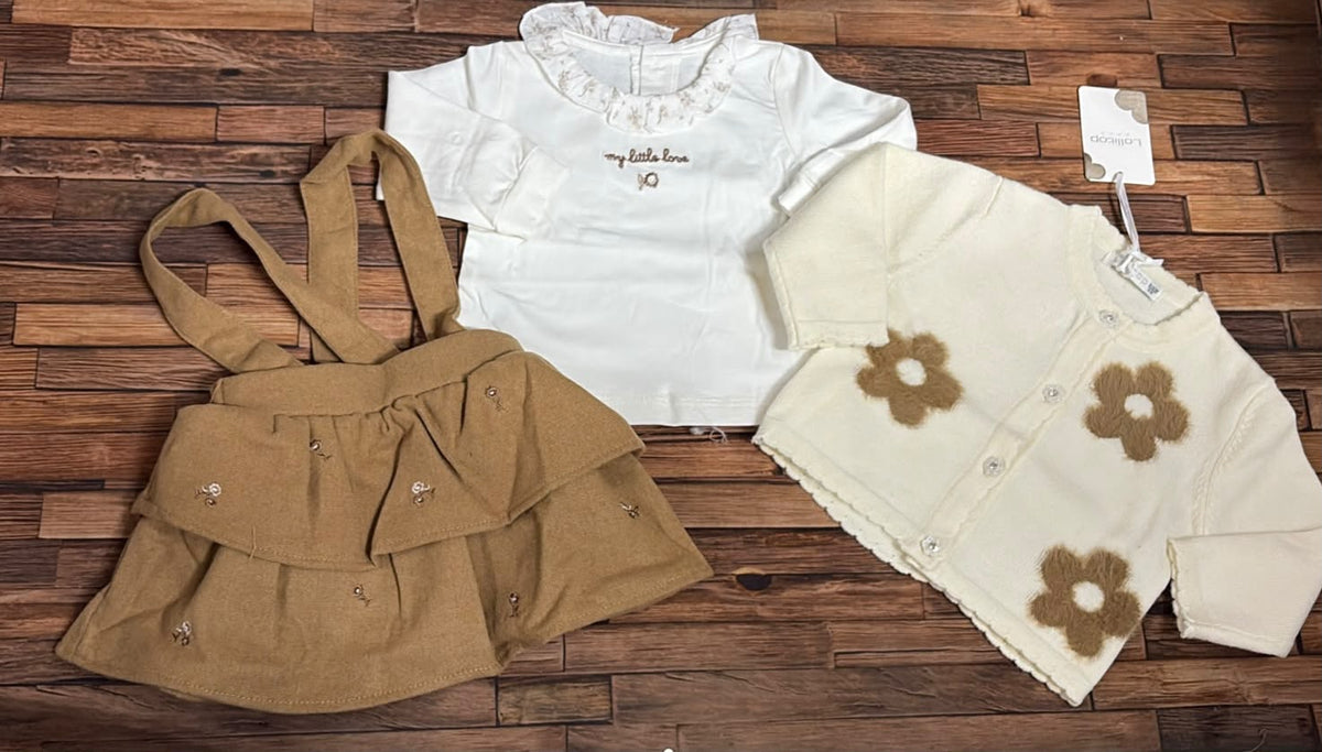 Completo Neonata 3 Pezzi con Gonna Salopette e Cardigan – Art. BS-8705