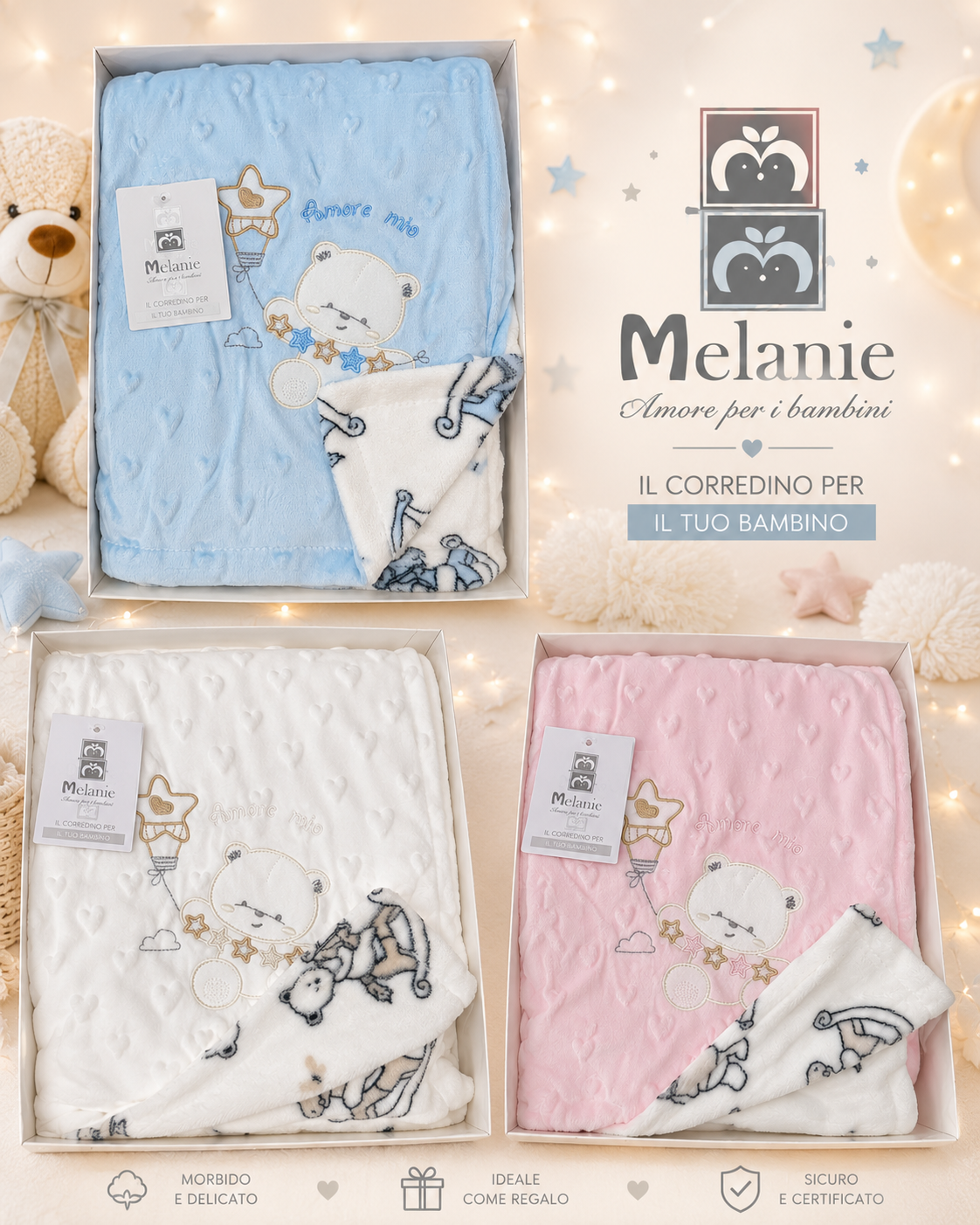 Copertina Neonato Double Face Melanie CD73 Ricamo 1 – Coperta Morbida 100x130 cm