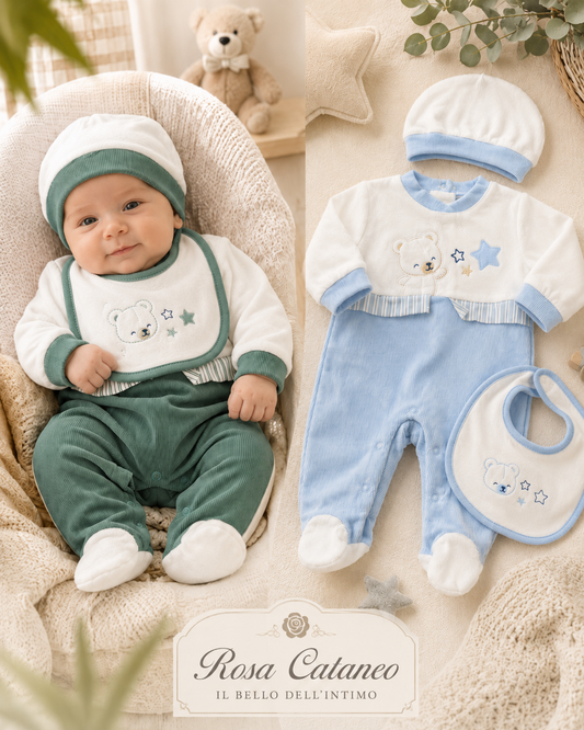 Tutina in Ciniglia Neonato con Bavetta e Cappellino
