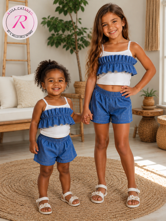 Completo Bambina Estivo Denim 2 Pezzi con Top a Balze e Shorts Made in Italy