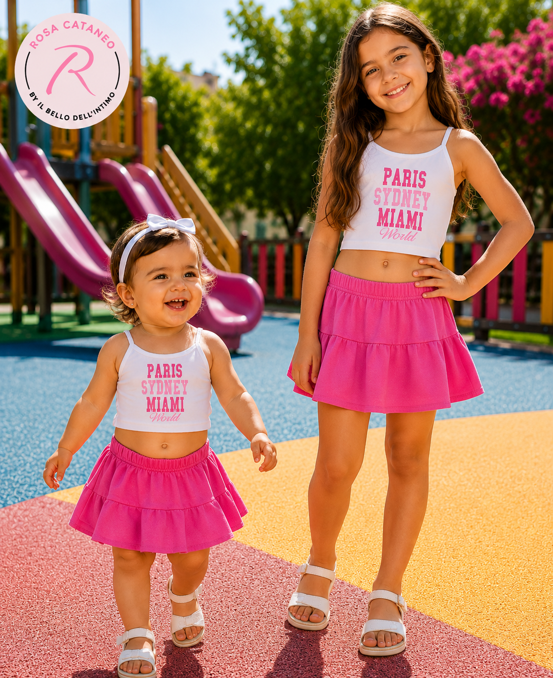 PARIS SYDNEY MIAMI |Completo Bambina con Gonnellina Fucsia e Bianco Made in Italy