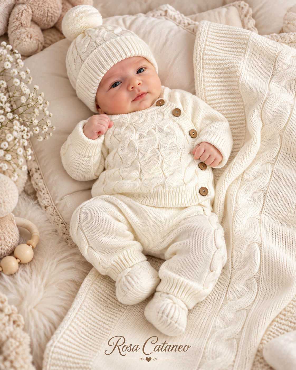 Set Nascita 5 Pezzi in Maglia Caramini con Scialle