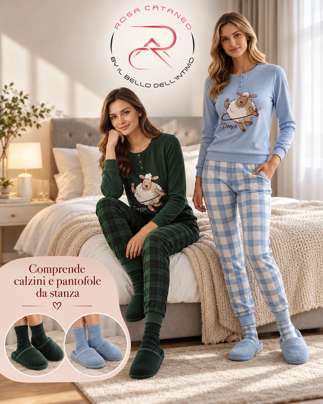 Pigiama Donna Reliable Ragusa in Caldo Cotone con Calzini e Pantofole
