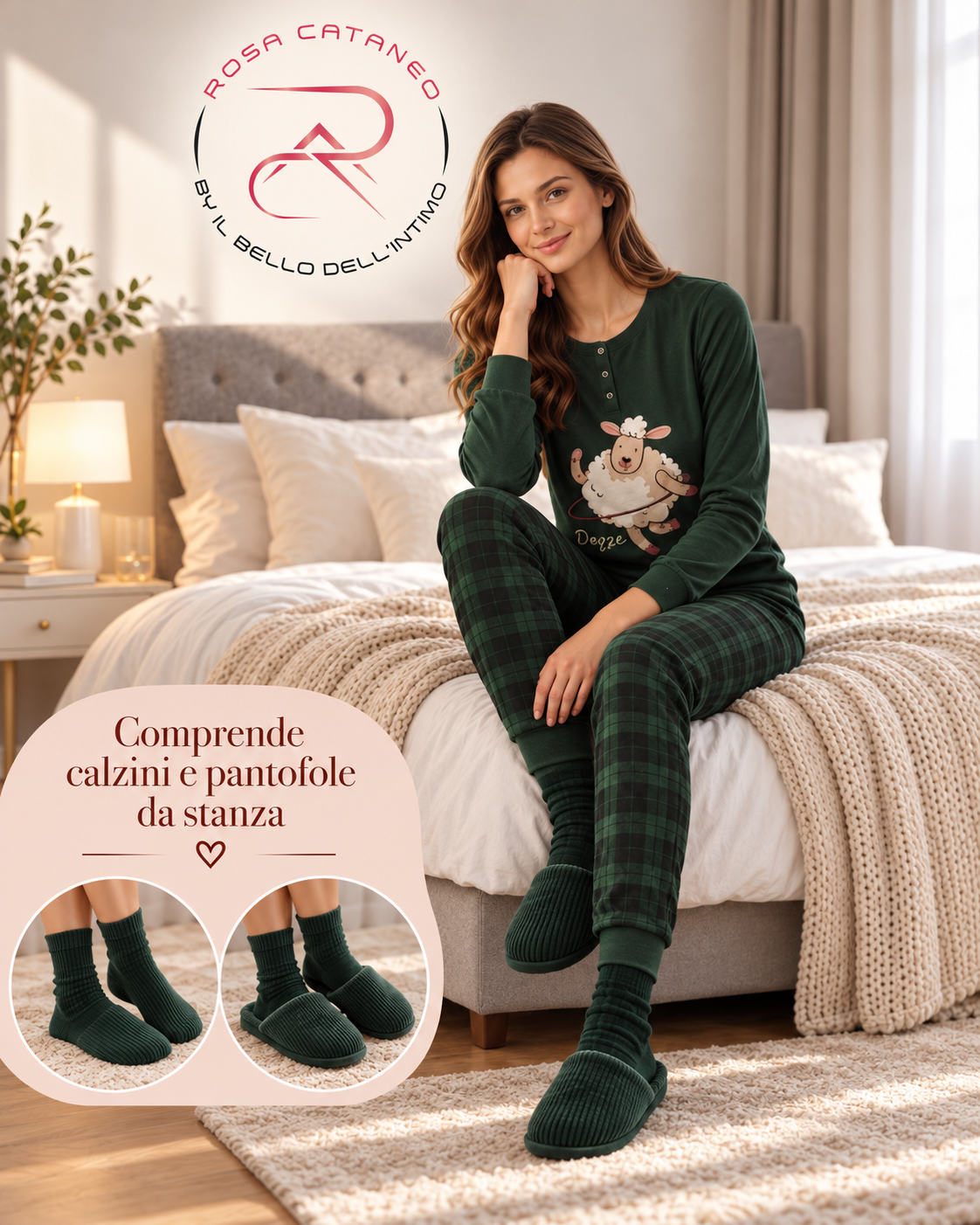 Pigiama Donna Reliable Ragusa in Caldo Cotone con Calzini e Pantofole